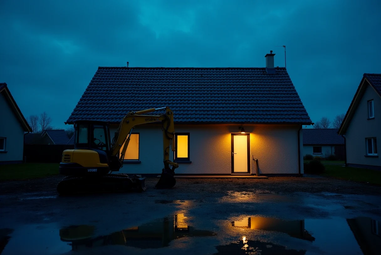 Nowy dom w stanie surowym zamkniętym o zmierzchu, w oknie światło lampy roboczej
