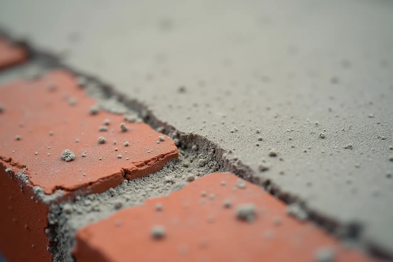 Zbliżenie świeżego tynku cementowego przy krawędzi cegły ceramicznej